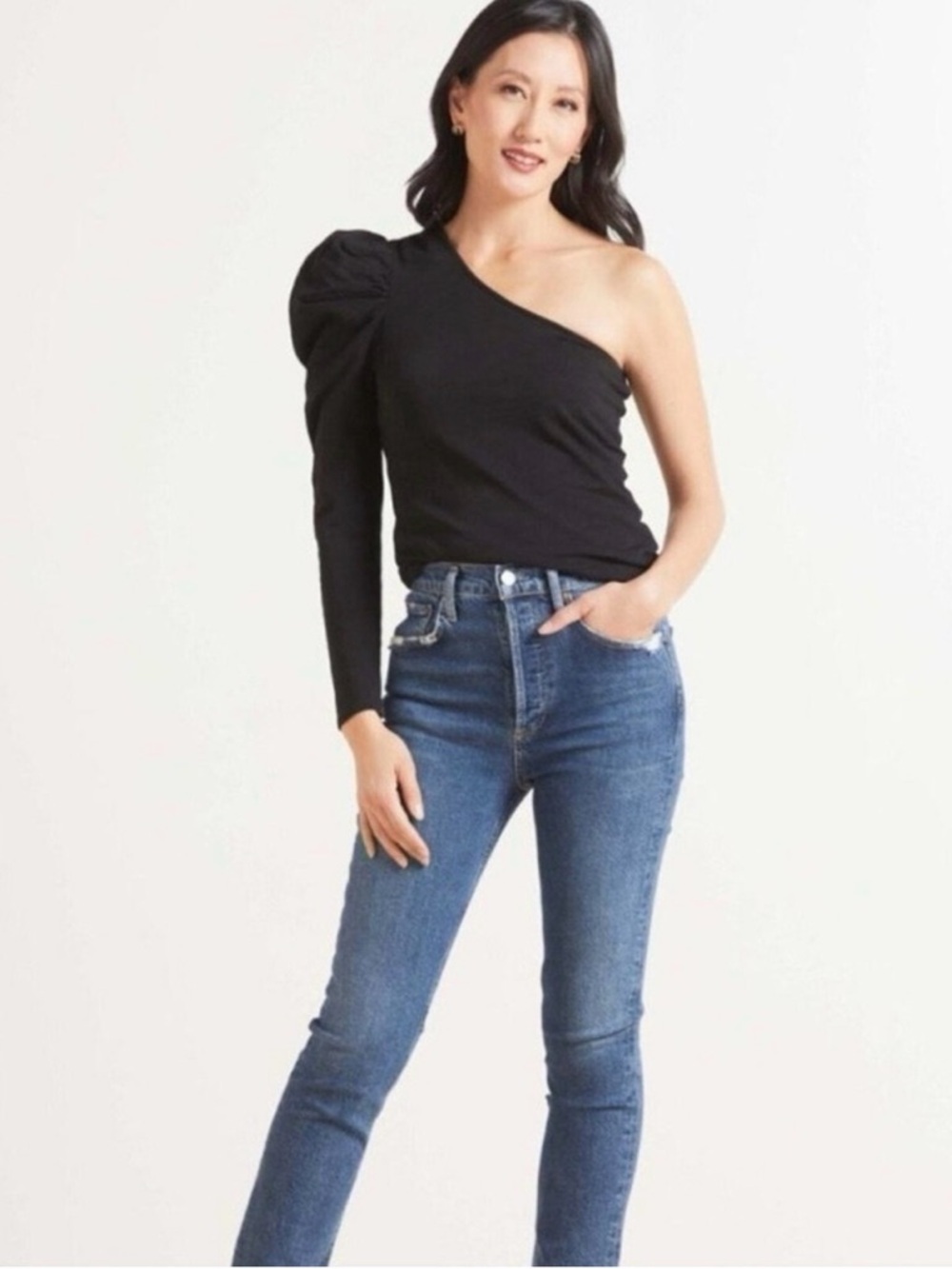 New Nation LTD Sabrina One Shoulder Party Tee 100% Cotton Jet Black Size Small